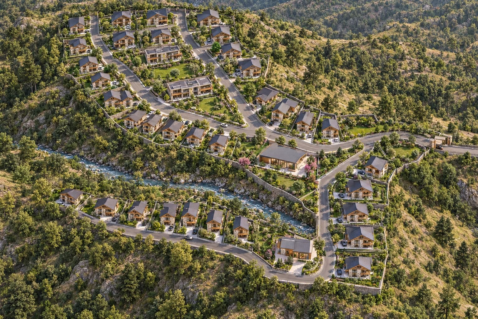 3D aerial render of stone-and-timber cottages along winding roads and a mountain stream at Jamrani, Ramgarh, Nainital