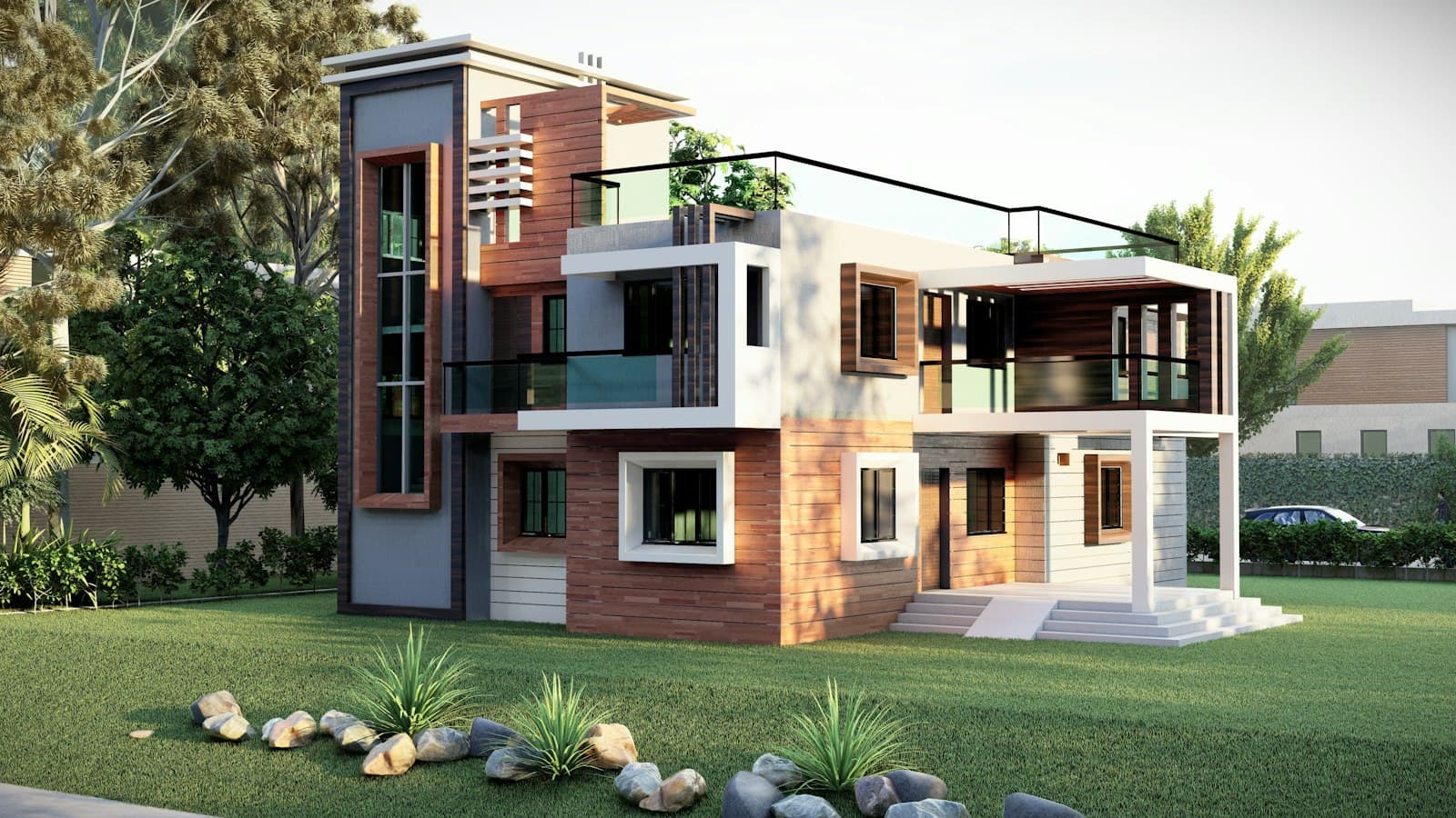 3D render of a modern two-storey house with timber cladding, a glass-railed terrace and a front porch