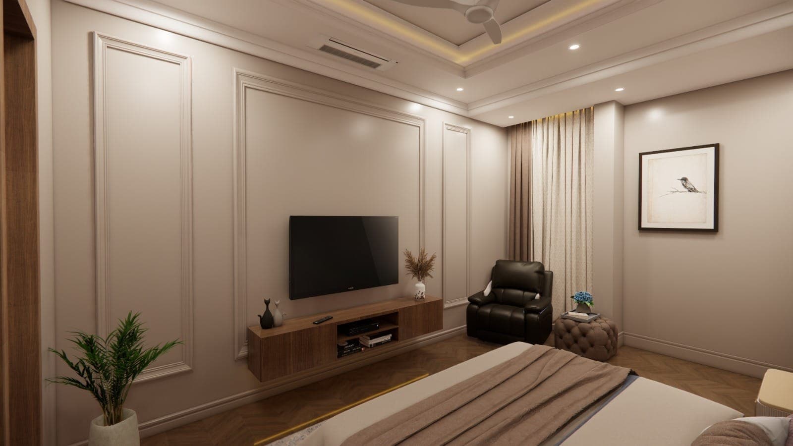 3D interior render of a bedroom TV wall with moulded panels, a floating wooden console, a recliner and a cove-lit false ceiling