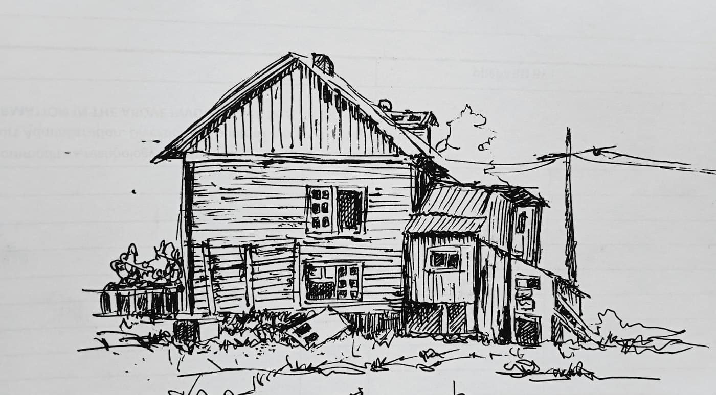 Pen sketch of a traditional wooden hill house