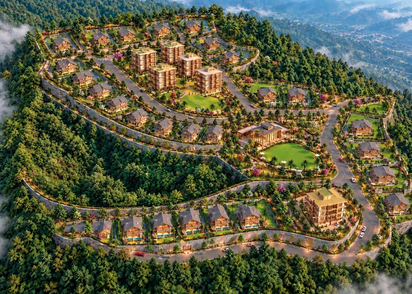 3D aerial render of the planned cottage township at Jamrani, Ramgarh, Nainital, with homes, a clubhouse and lawns along roads on a forested hilltop