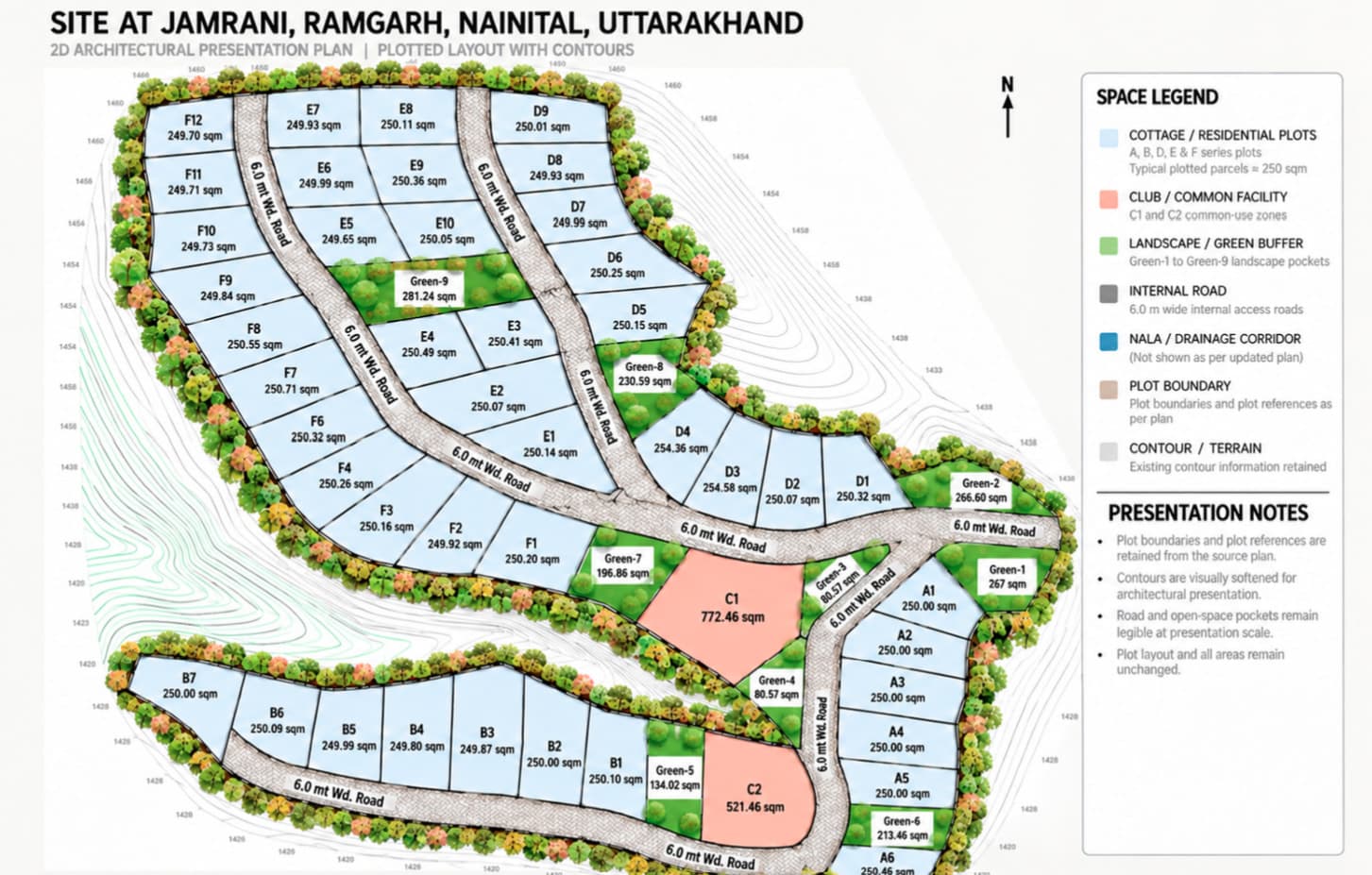Plotted layout plan with contours for the Jamrani, Ramgarh site in Nainital, showing residential plots, two club plots, green pockets and 6 m internal roads